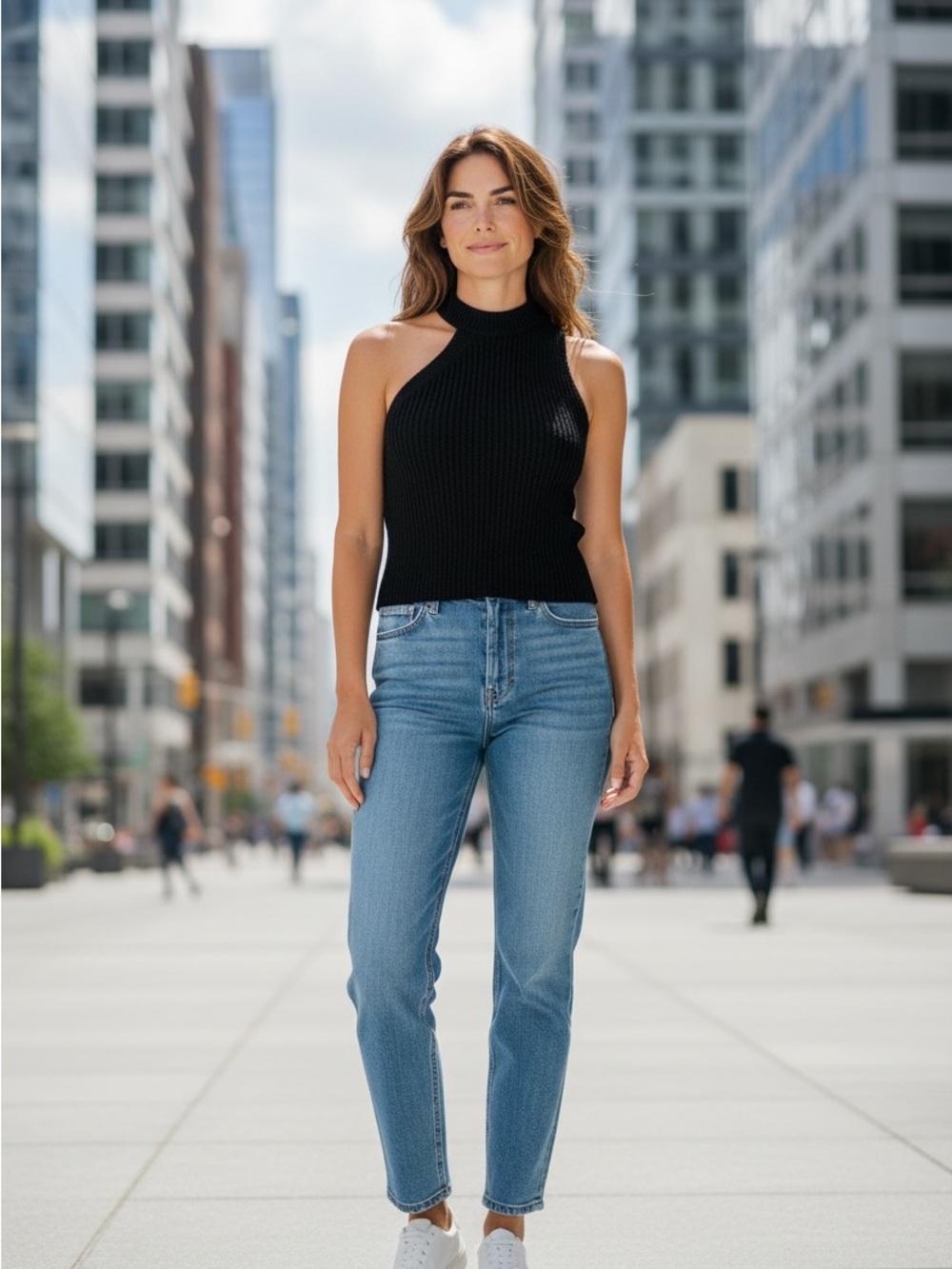 One-Shoulder Black Ribbed Knit Tank